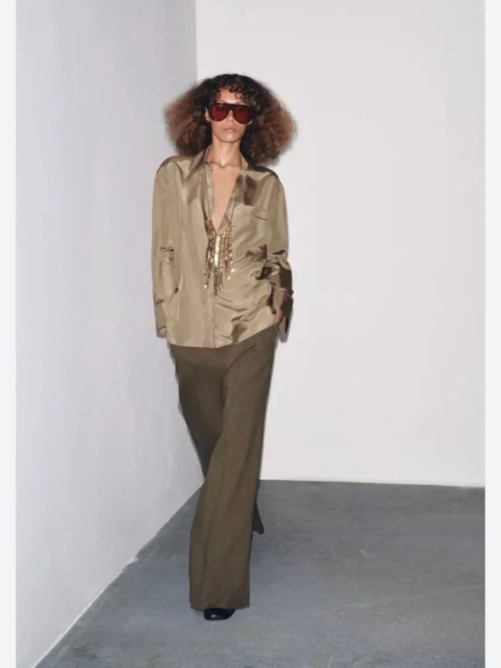 Zara Womens Top Blouse shirt XL Brown Mulberry Silk Satin Button Up 8472/068 NWT